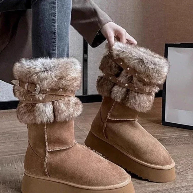 Shoes for Women Platform Modern Boots Women Belt Buckle Square Toe High Boots Plush Thickened Winter Ladies Boots Botas De Mujer