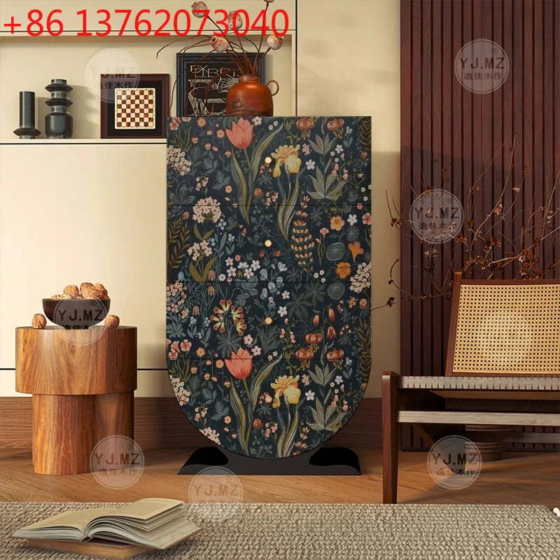 

French Vintage Floral Bedroom Multi-Layer Storage Decorative Cabinet Solid Wood Chest of Drawers for Home Use