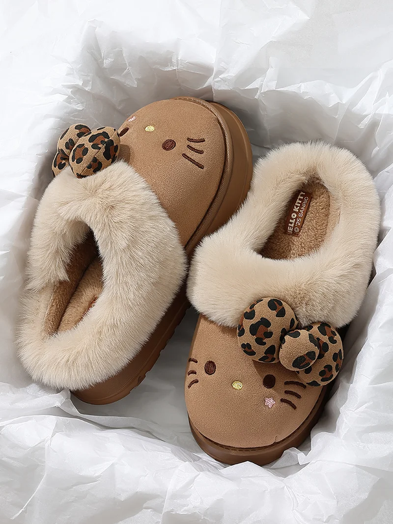 

Милые плюшевые тапочки Hello Kitty для женщин, зимние нескользящие нечеткие шлепанцы на толстой подошве, теплая домашняя обувь для дома и улицы