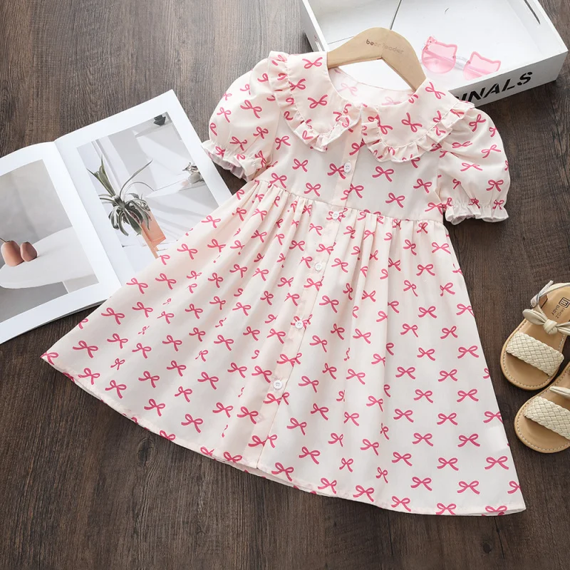 

Summer Wholesale Baby Girl Princess Dress Puff Sleeve Bowknot Printed Dress Children's Clothing