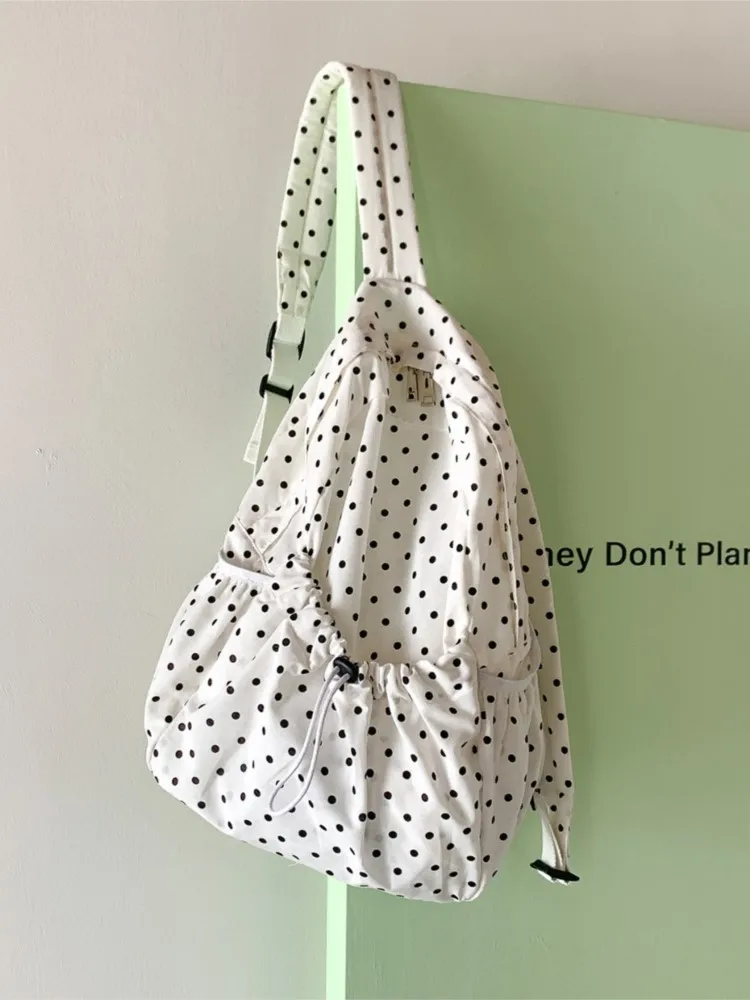 

Nylon Polka Dot Backpack Women 2025 New Fashion Korean Large Capacity College Student Bags Drawstring Pleated Casual Handbags