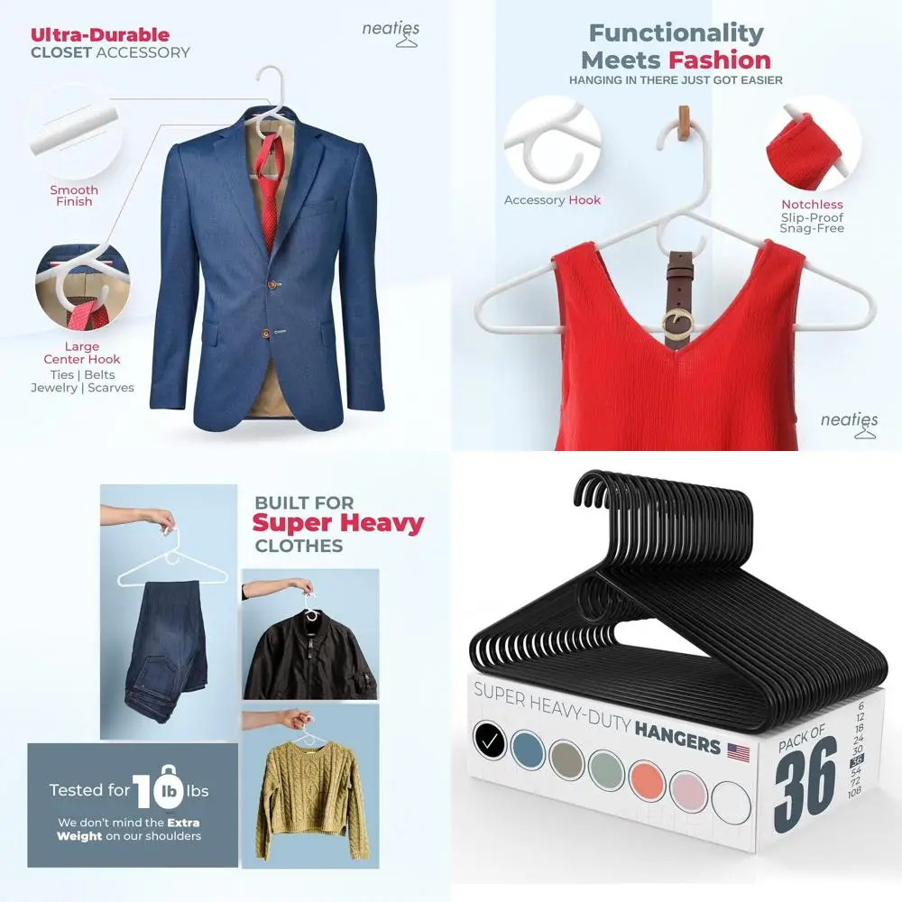 

Прочные пластиковые вешалки на 36 шт. — прочная емкость 10 фунтов для брюк, пальто, курток, джинсов — черный