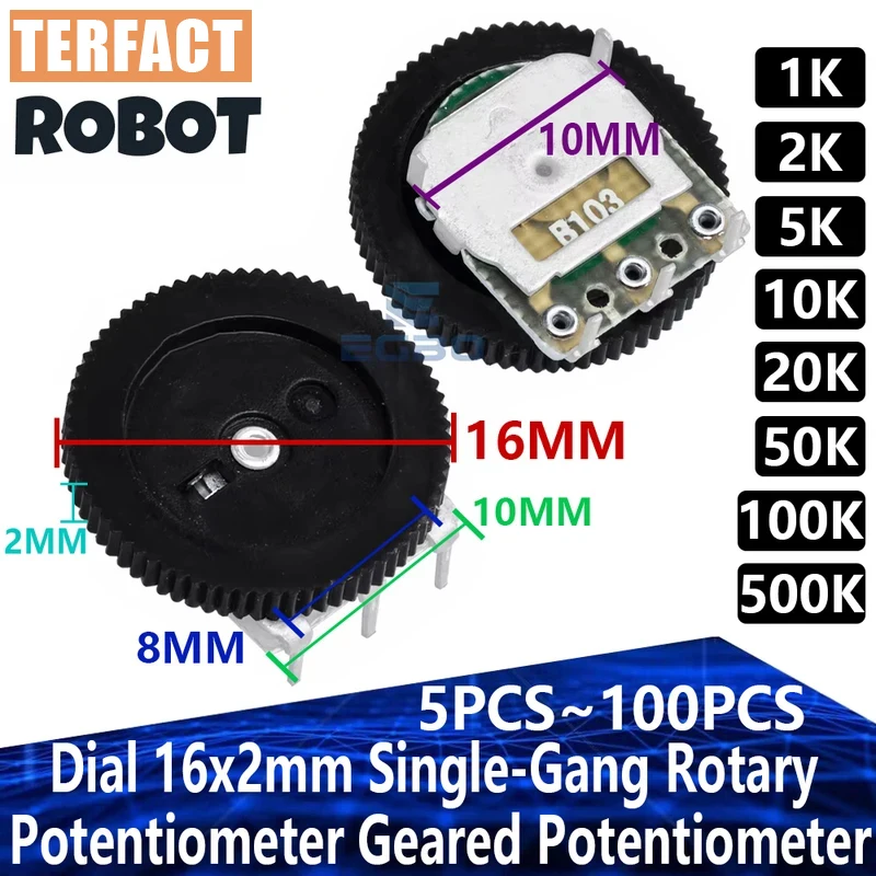 

10-100 шт. Поворотный потенциометр с циферблатом, 3-контактный, 1K 2K 5K 10K 20K 50K 100K 500K, 16x2 мм, одноканальный, редукторный