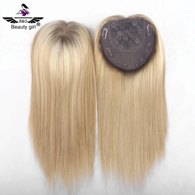 

100% Human Hair Natural Thin Hair Blonde With Highlight Color 20 Inch Silk Base Topper For Hair Loss