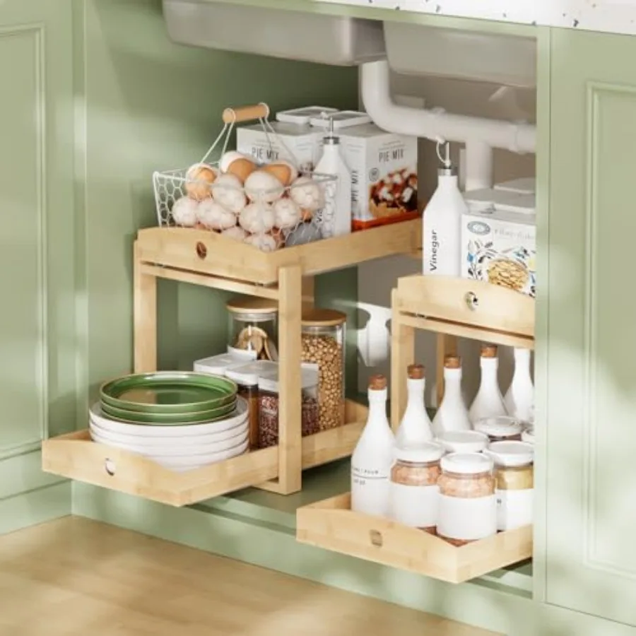 

2 Pack Under Sink Organizer, Bamboo Wooden 2-Tier Pull-Out Storage with Sliding Drawers for Kitchen and Bathroom Cabinets, Easy
