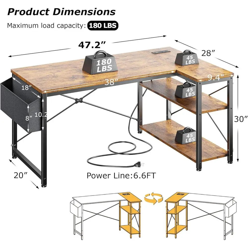 Brown Corner L-Shaped Computer Desk with Power Outlets and Reversible Storage