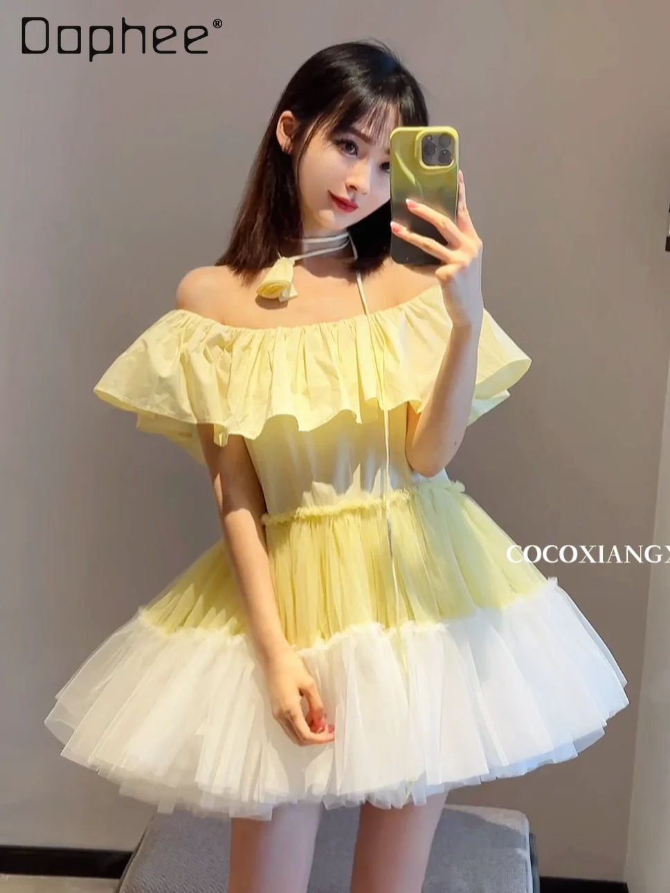 

Candy-Colored Flower Halter Sweet Lotus Leaf Dress for Women 2024 Summer New Fashion Net Yarn Off-Shoulder A Line Dresses