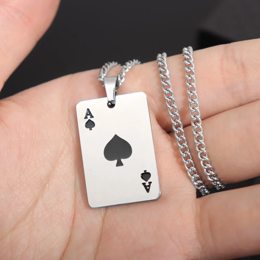 Trend Stainless Steel Rectangular Spades A Pendant Charm Men's Necklace Christmas Gift Valentine's Day Gift Jewelry Accessories