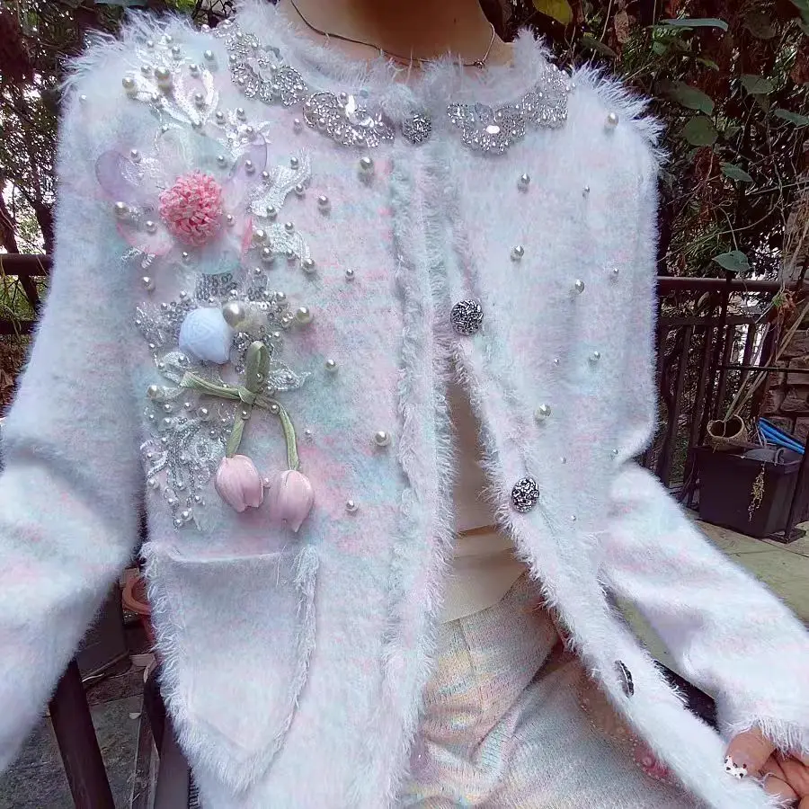 New In Autumn Winter 2025 Trend Bling Sequined 3D Flowers Diamonds Buttons Knitted Cardigan Coat Women\'s Knitwear Sweater Coat