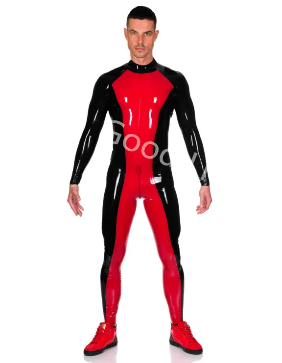 

Handmade Mixed Color Latex Catsuit Rubber Bodysuit with Back to Crotch Zippers Adult Two Color Latex Catsuit Cosplay Costume