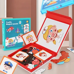 Wooden Jigsaw Magnetic Blocks Puzzle Book Board with Cards Face Change Clothing Change Marine Life Kids 3D Puzzle Toys Gifts