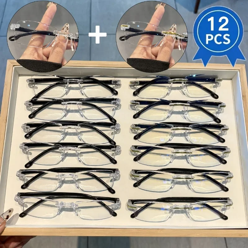 

12pcs Women's Elegant Frameless Reading Glasses with Fully Transparent Lenses and Gold-plated Decorative Double Panel Unisex