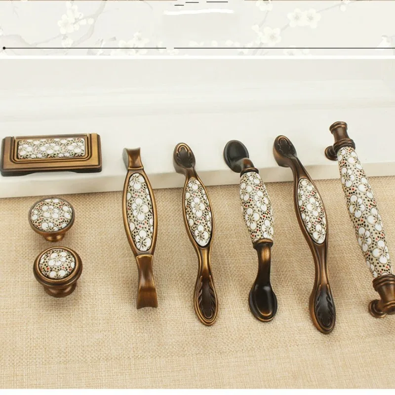 Antique Bronze Ceramic Cabinet Handles Vintage Drawer Knobs Wardrobe Door Handles European Furniture Handle Hardware