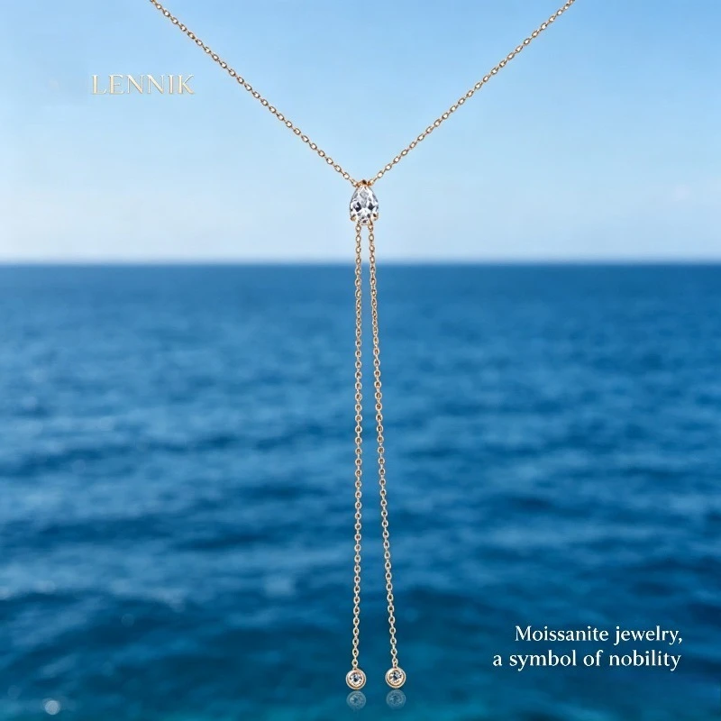 LENNIK1/2/3ct Pear-Cut Moissanite Long Tassel Pendant Necklace Ladies All Lab Diamond 925 Silver Party Delicate Necklace