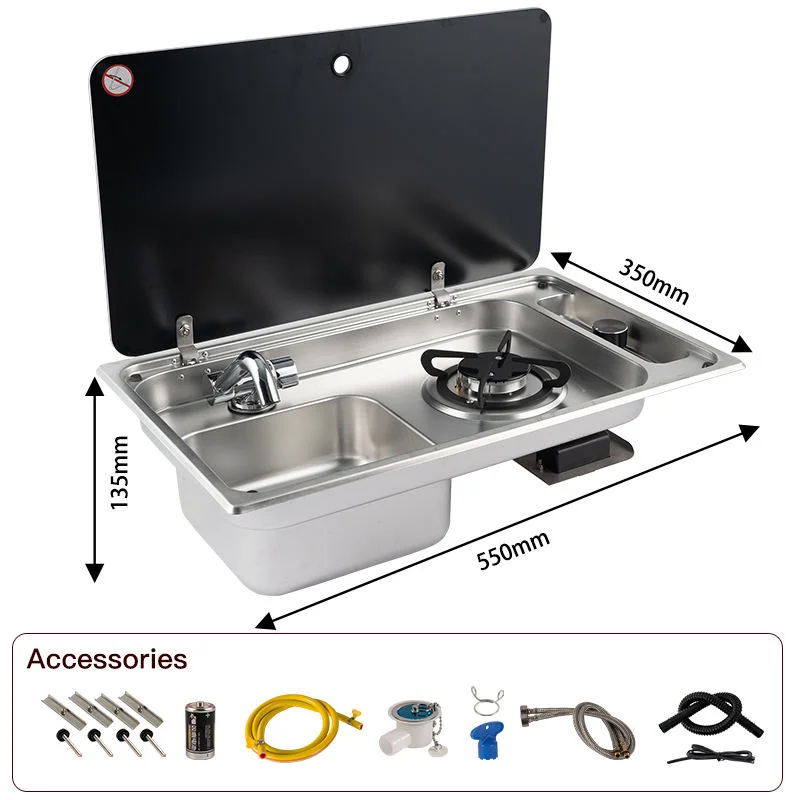 RV Caravan Stainless Steel Integrated Gas Stove and Sink Combo with Tempered Glass Lid 1 Burner Cooktop Kitchen Sink for RV Boat view 2