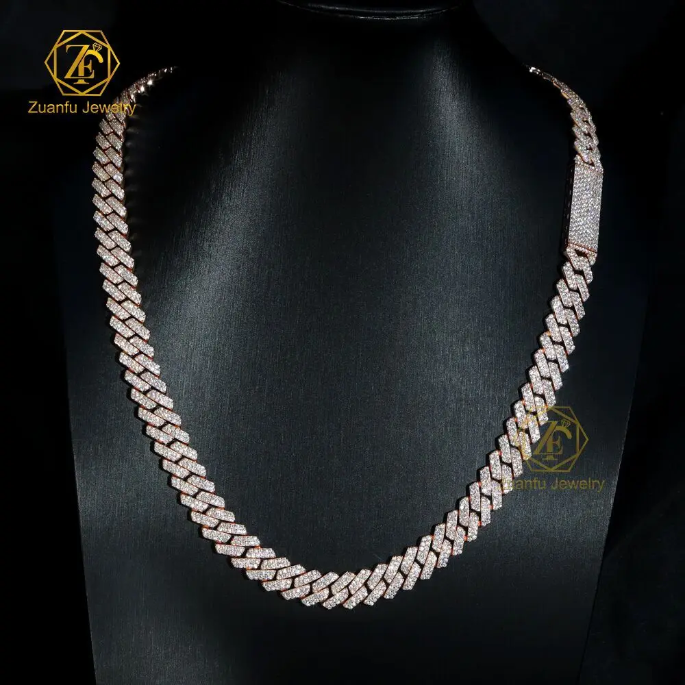 Fine Jewelry Classical Hip Hop 925 Solid Silver Iced Diamond Prong White Gold 12mm Cuban Link Chain Men Women