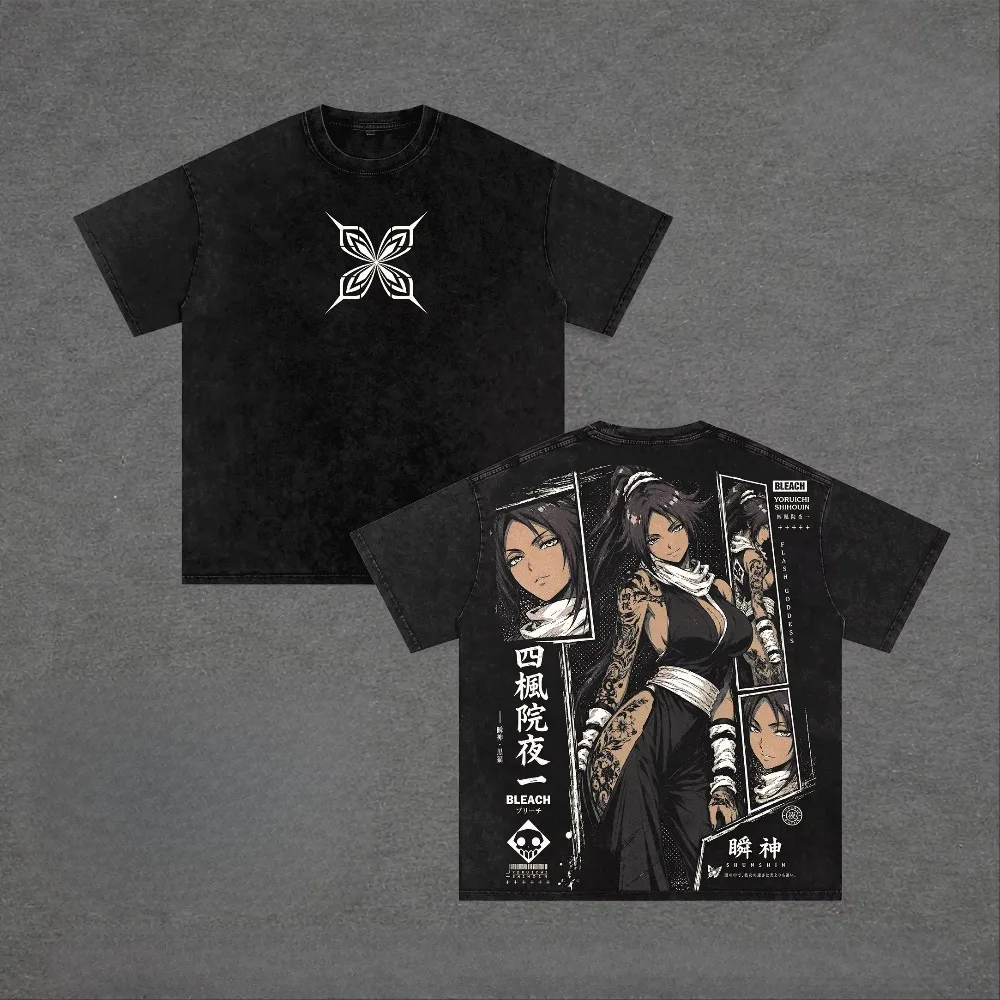 2026 Bleach Yoruichi Shihouin Double Sided Anime Graphic Vintage Washed Black T-Shirt Unisex Oversized Y2K Streetwear Cotton Tee