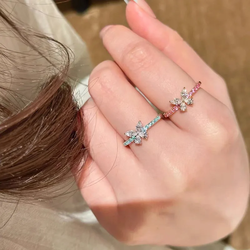 New 100% S925 silver powder, sapphire champagne, gold butterfly ring, sweet temperament, light luxury, high-end wedding jewelry