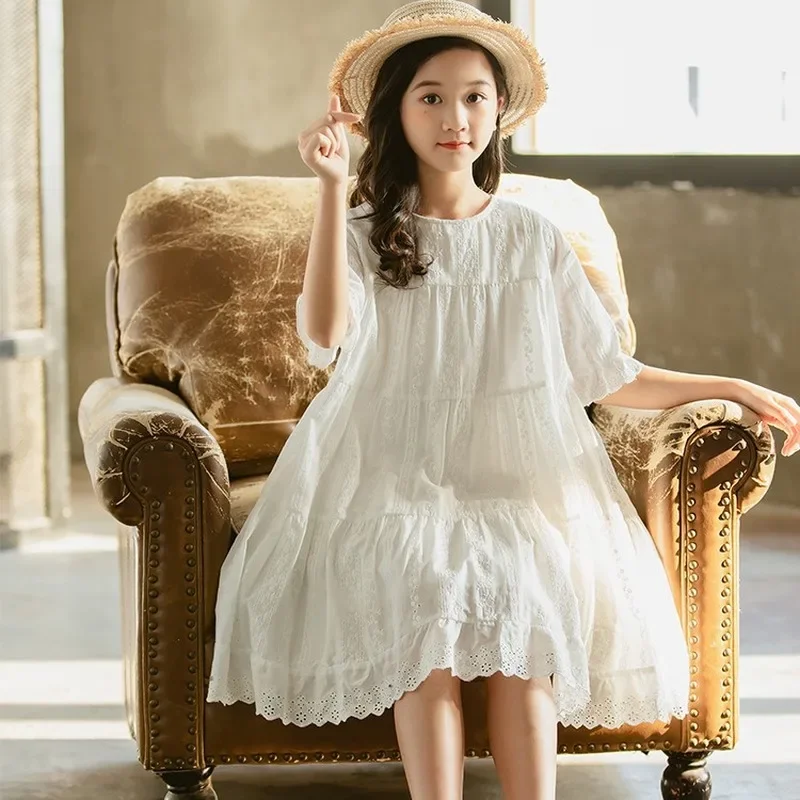 Teen Girls White Dress Summer Kids Clothes Lace Two Layers Cotton Embroidery Floral Children Party Clothing 6 8 10 12 14 16 Year