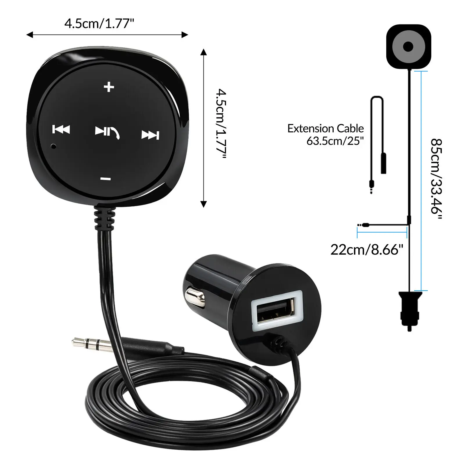 Wireless Car Stereo Audio receptor e transmissor adaptador, AUX-In, Bluetooth, FM