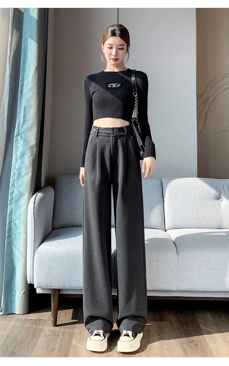 Brown Woolen High-end Suit Pants for Women in Autumn and Winter 2023 New Narrow Version Straight Wide-leg Pants with Drape
