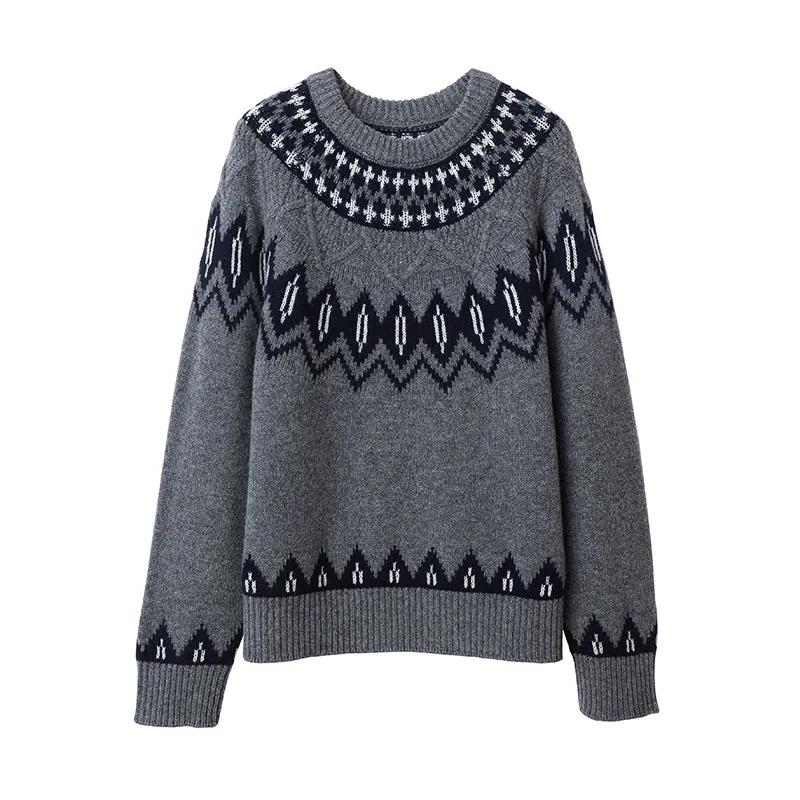 Winsleter – Eleganter Pullover aus 100 % Schafwolle, O-Ausschnitt-Jacquard, lässiger, locker gestrickter Fair-Isle-Pullover für Damen, Winter 2025, T5N512CC