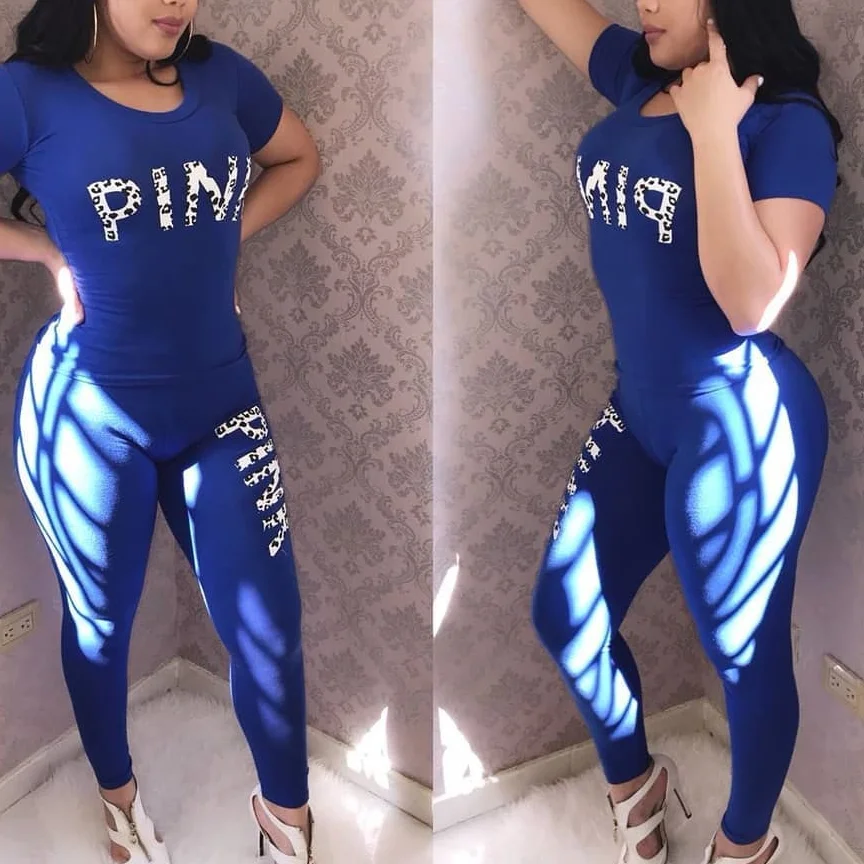 2022 New PINK Letter Print Sweatsuit Women Suit Short Sleeve Tops Skinny Pant Two Piece Tracksuit Summer Casual 2 PCS Set