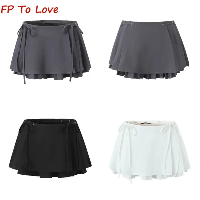 Y2K Design High Waist Double Drawstring Half-body Skirt Women Spice Girls Anti-Walking Peplum Pleated A-line Mini Skirt