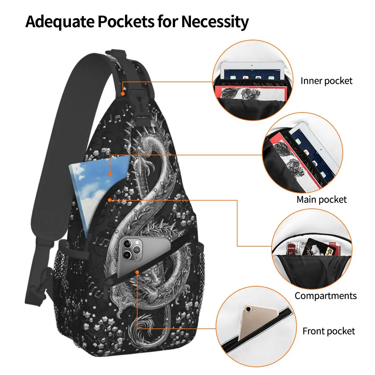 Music Dragon Gothic Pattern  Chest Bag Men Sling Crossbody Backpack Chest Bag Traveling Hiking Daypack Shoulder Bag