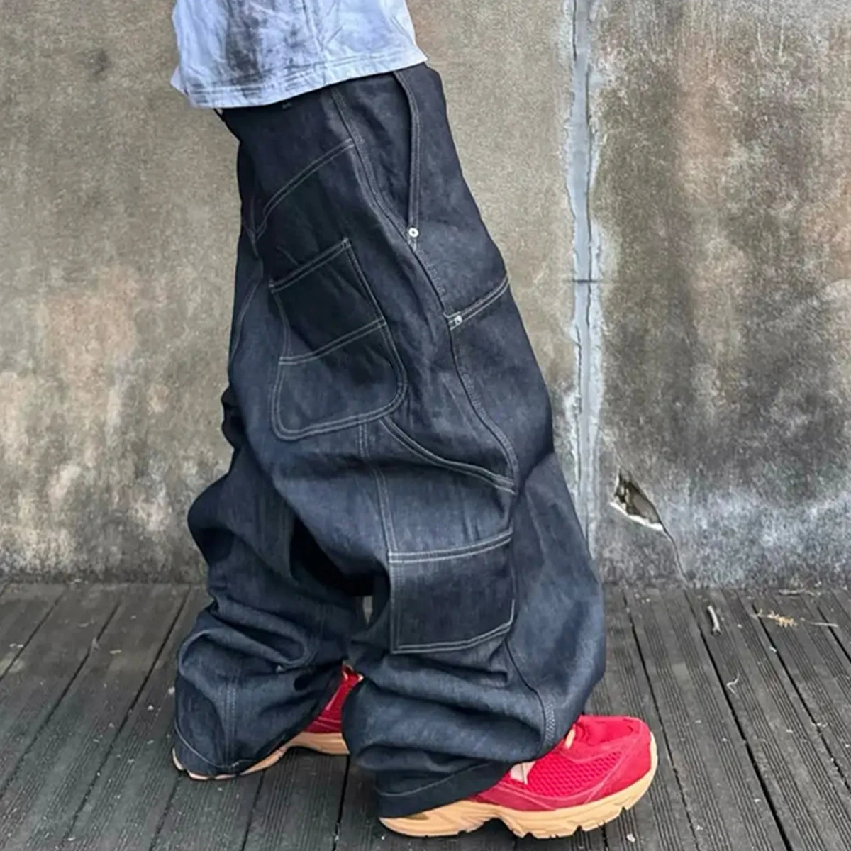 NIGO Men's Dark-Coloured Casual Straight Leg Baggy Jeans High Street Trend Wide Leg Denim Pants #NGTOP12148