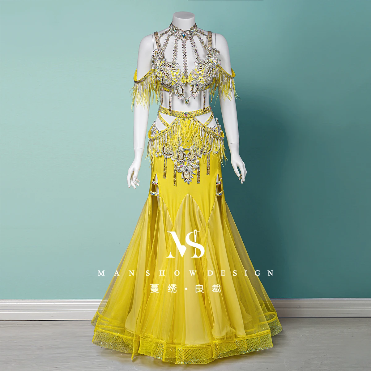 Customized Belly Dance Costume Women's Clothing Ostrich Hair Fairy Style Set Eastern Dance Princess Style Performance Costume