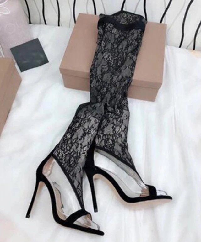 Summer T-Strap Peep Toe Stretch Black Red Floral Lace Thigh Boots Women Thin High Heel Slim Elastic Sock Boots Over Knee Botas
