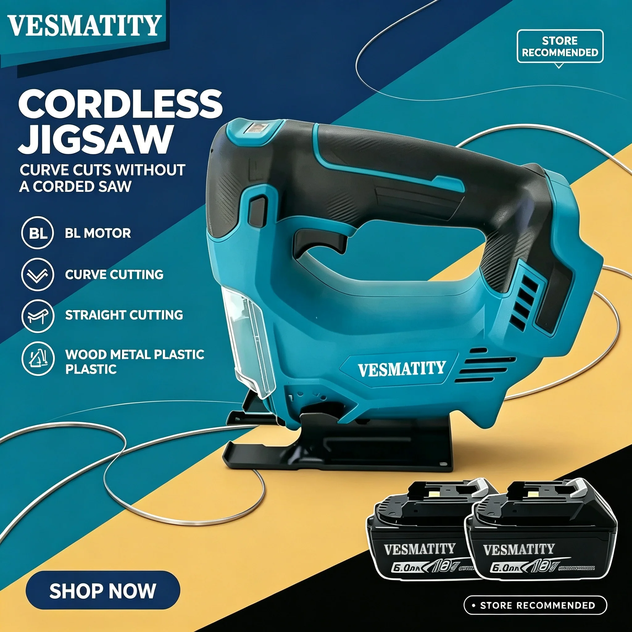 18V Cordless Jig Saw 26mm Stroke 135mm Wood Cutting Variable Speed 0-3500SPM LED Light Tool for 18V Battery