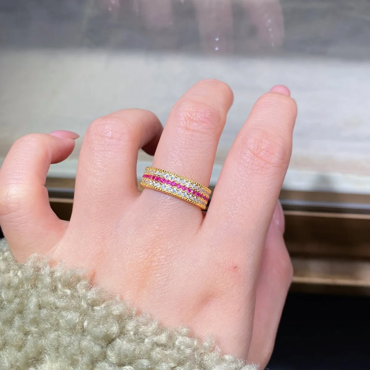 9999 24K real gold female flashing rose red luxury style luxury retro classic style ring