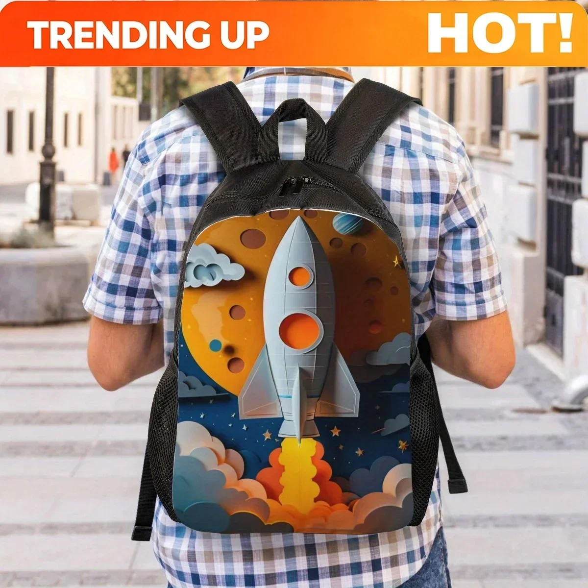 Custom Lightweight Rocket Launch Backpack Large Capacity, Adjustable Straps, Zip Closure, Cute Printed Design For School