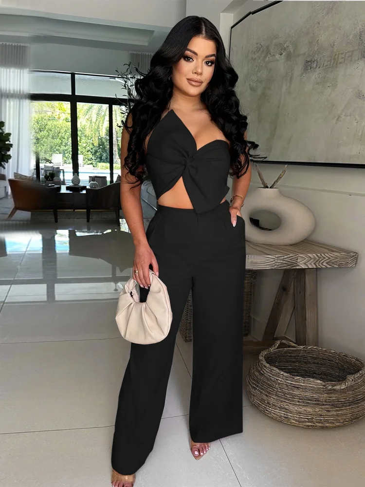 시스터 스타 패션 캐주얼 여성 섹시 리본 캐주얼 팬츠 수트 도매 기질 출퇴근 외출 휴가 투피스 세트