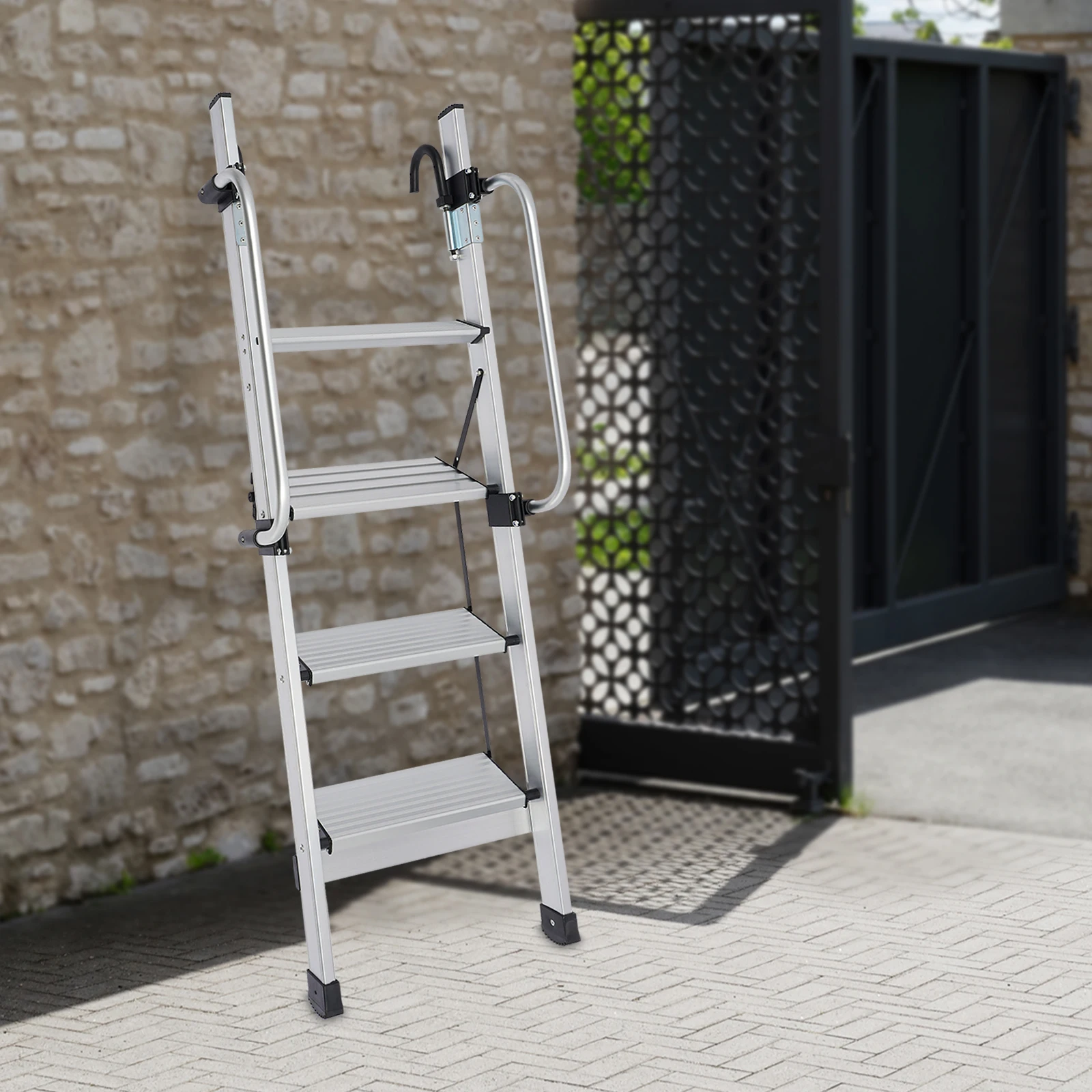 Stylish&Easy-Clean 4-Step Ladder - Silver Modern Design Blends Into Home Styles, Smooth Surface Wiped With Damp Rag