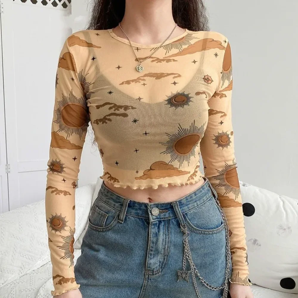 

Sexy Mesh Long Sleeve T-shirt Women Perspective Crop Top Stars Moon Print Streetwear