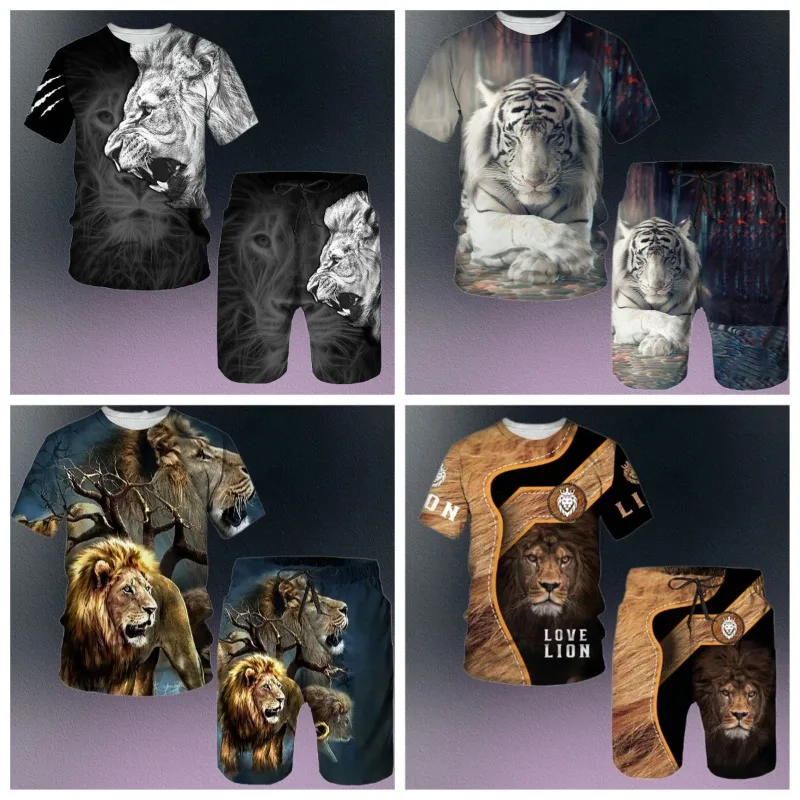 2025 Hot Selling Summer Men's 3D Tiger Pattern Round Neck T-shirt Shorts Set Fashionable Casual Wear, Street Wear Sportswear Set