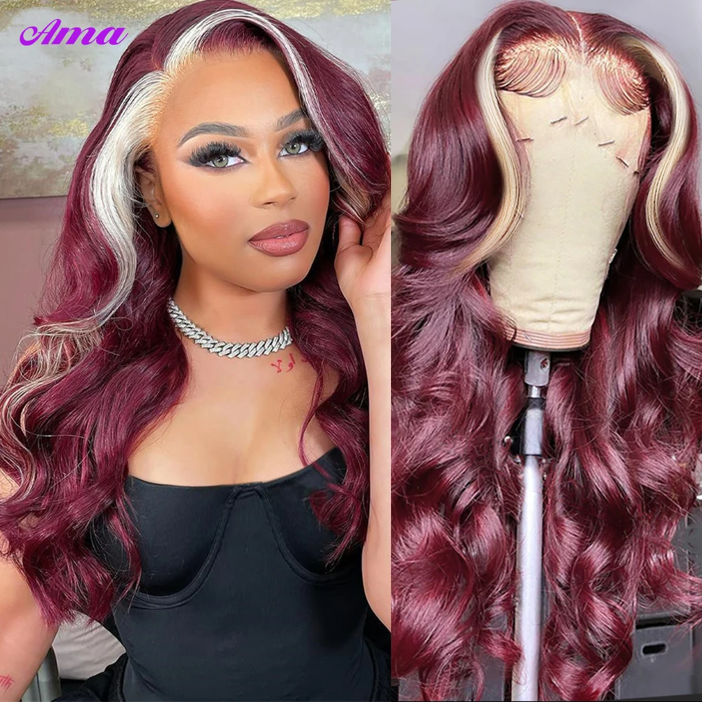 

Burgundy 99J Red With 613 Blonde 13x4 Stripe Skunk Lace Front Human Hair Wigs Pre Plucked Body Wave Lace Front Wig