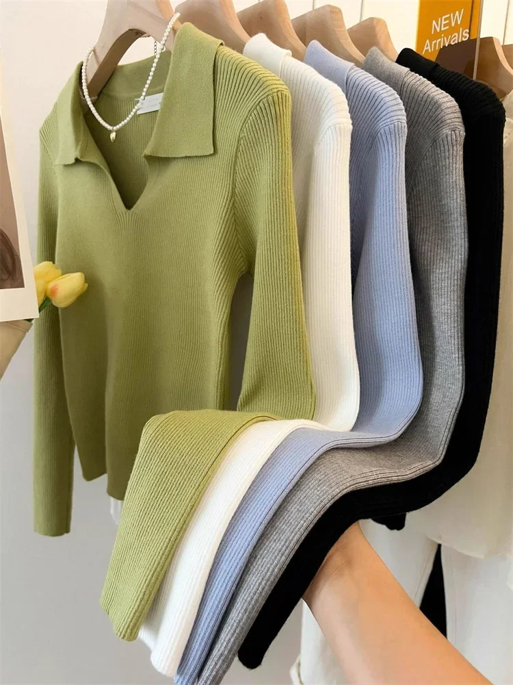

Женская одежда, винтажные модные однотонные пуловеры с отложным воротником, осень-зима, повседневный вязаный топ с длинными рукавами, элегантный весенний свитер
