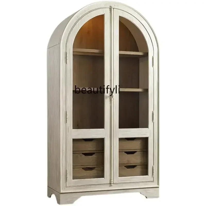 

A Solid wood dining side wine cabinet integrated against the wall kitchen living room cupboard dining French storage cabinet