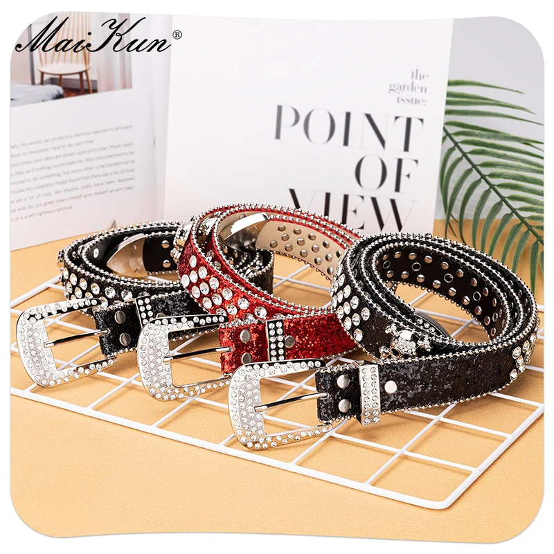 Maikun Bb Black Rhinestone Bling Belt Cowgirl & Cowboy Belt With Sparkly Simon Diamond Belt For Men Western Head Skull Buckle