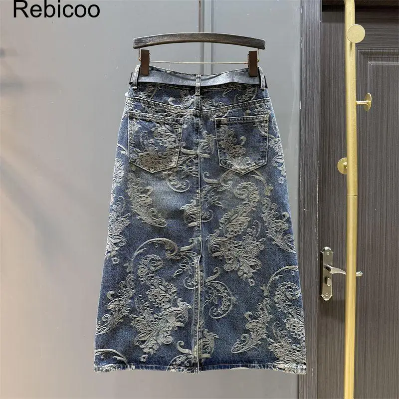Women's High Waist Denim Jacquard Midi Skirt A-Line Vintage Print Jean Skirt with Belt Button Front Casual Pencil Skirt