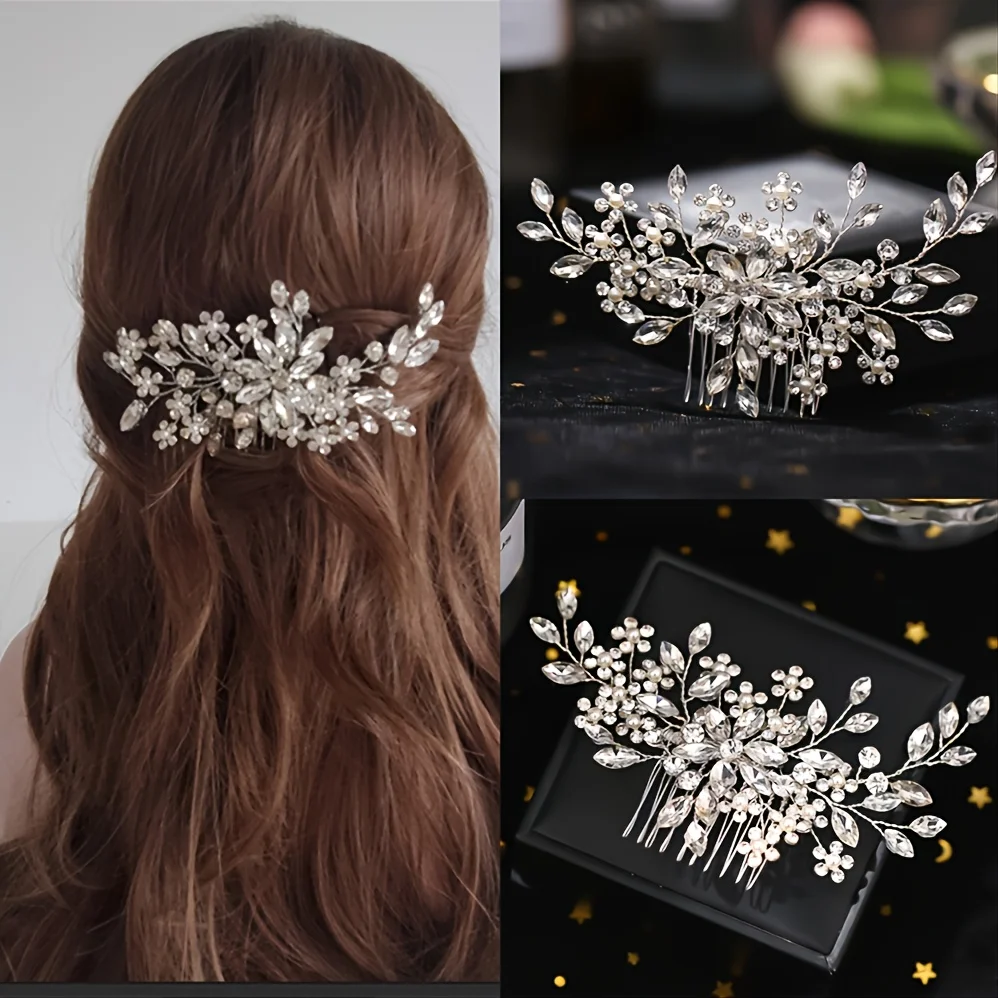 Wedding Crystal Flower Pearl Hair Comb Pin Band Rhinestone Hairpin headband Tiara For Women Bridal Hair Accessories Jewelry Gift