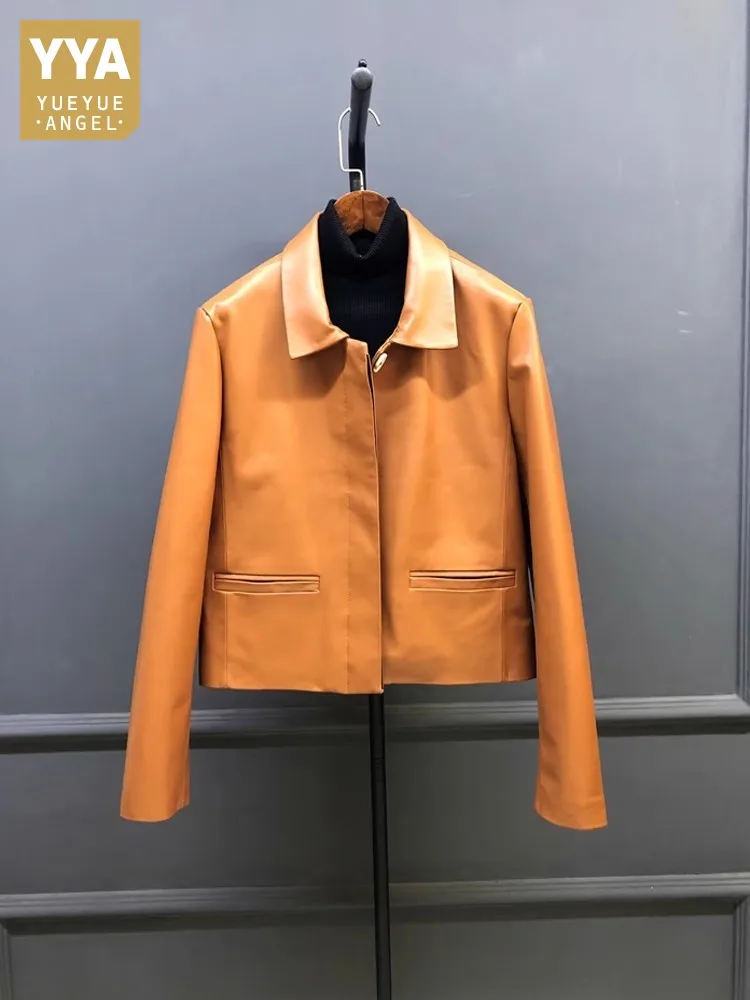 

Прямая женская куртка из натуральной кожи в корейском стиле в стиле ретро с отложным воротником и длинными рукавами, верхняя одежда из овчины, однобортные пальто