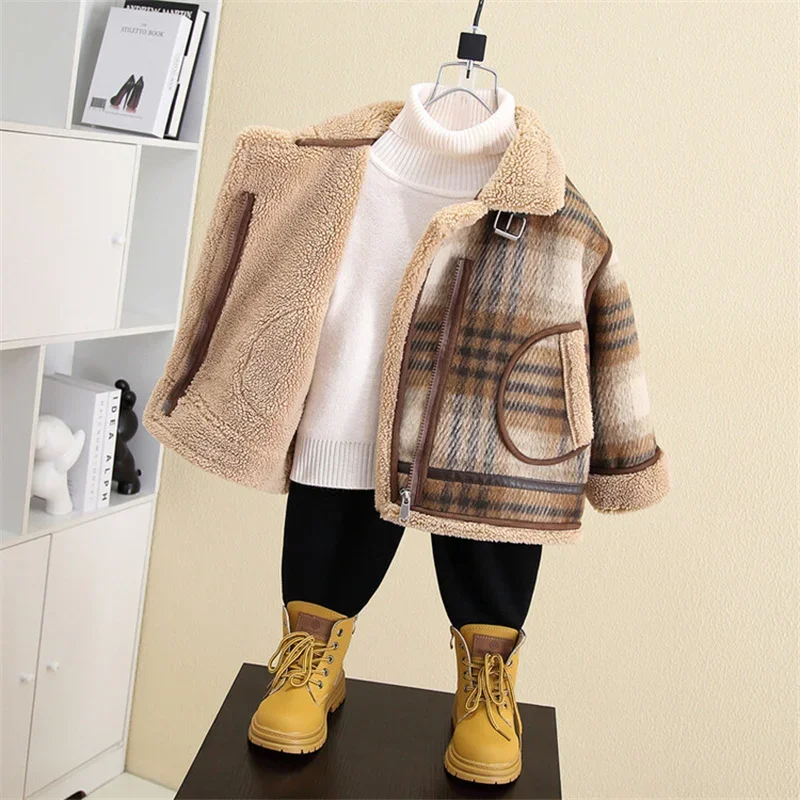 Boys Woolen Coats Jackets Plus Thicken 2024 Hot Warm Velvet Winter Autumn Cotton Sport Tracksuit Teenagers Children's Clothing