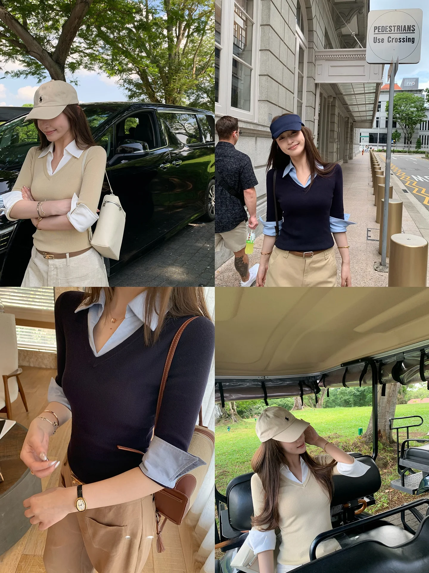 

Lin12 Xiu Jing Casual Style Women's Knitted Shirt mid Sleeve V Neck Casual Wear Fake Two-Piece Summer Top Soft Fabric