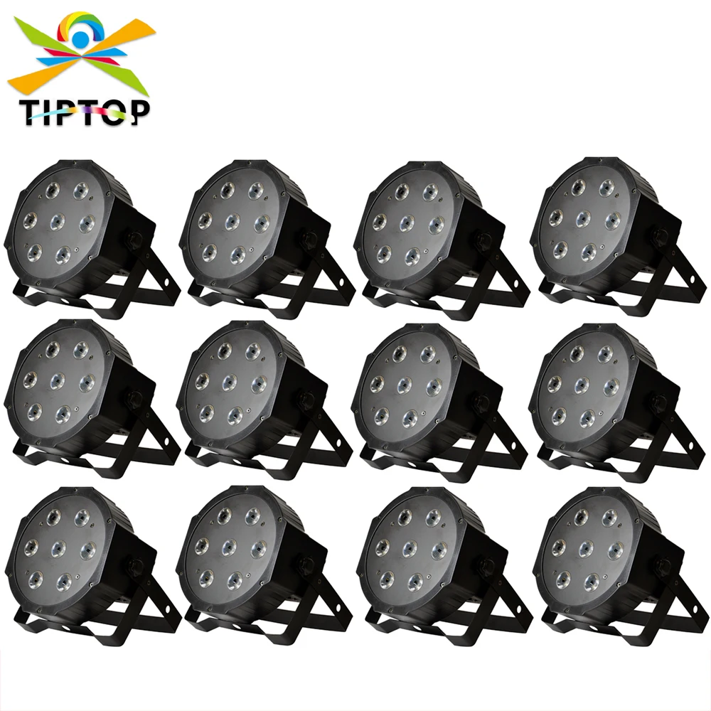 

TIPTOP 12pcs/lot 90W Stage Flat Led Par Light RGBW 7x12W 4IN1 Led 4/8 Channels DMX Power IN OUT 90V-260V Sit Flat Design