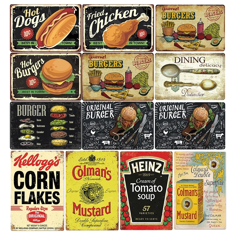 Cartel de Metal Vintage para decoración de pared, cartel de hojalata para comedor, pollo, hamburguesa, perros calientes, placas